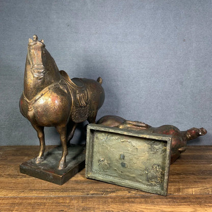 15"Tibetan Temple Collection Old Bronze Cinnabar Lacquer Northern Weimar Tangma Horse statue A pair Town House Exorcism