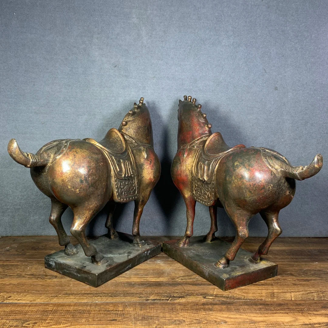 15"Tibetan Temple Collection Old Bronze Cinnabar Lacquer Northern Weimar Tangma Horse statue A pair Town House Exorcism