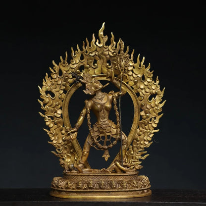15"Tibetan Temple Collection Old Bronze Cinnabar Mud gold Naro Khechari Dor je nal jor ma Backlight Lotus Platform Worship Hall