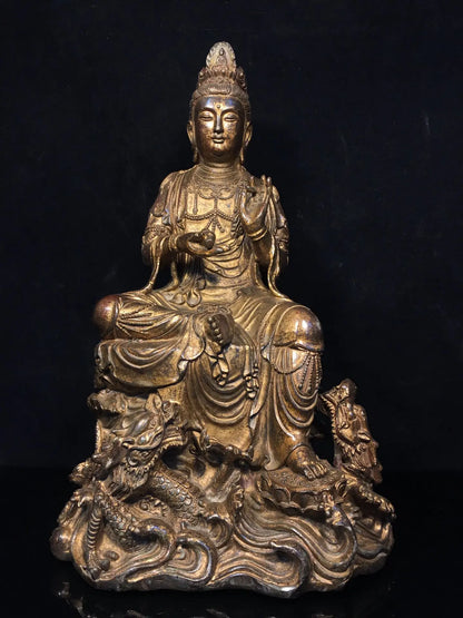 15"Tibetan Temple Collection Old Bronze Cinnabar Mud gold Sitting Dragon Guanyin Bodhisattva Buddha Worship Hall Town house