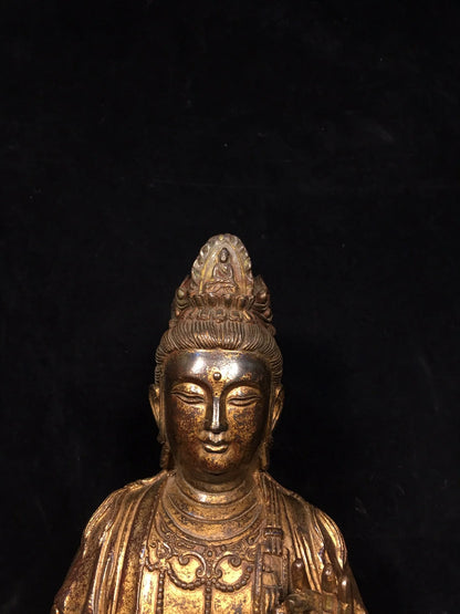 15"Tibetan Temple Collection Old Bronze Cinnabar Mud gold Sitting Dragon Guanyin Bodhisattva Buddha Worship Hall Town house