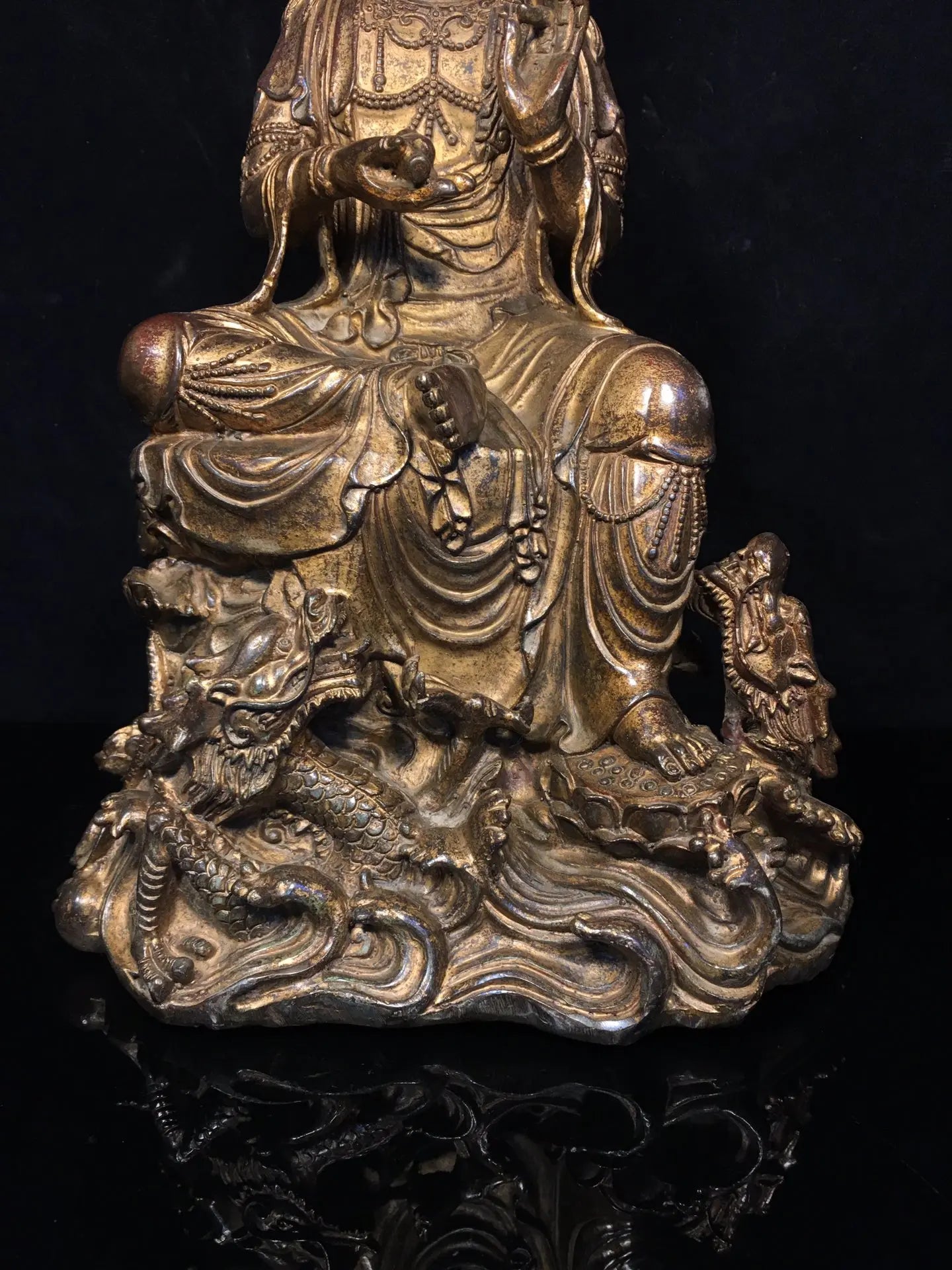 15"Tibetan Temple Collection Old Bronze Cinnabar Mud gold Sitting Dragon Guanyin Bodhisattva Buddha Worship Hall Town house