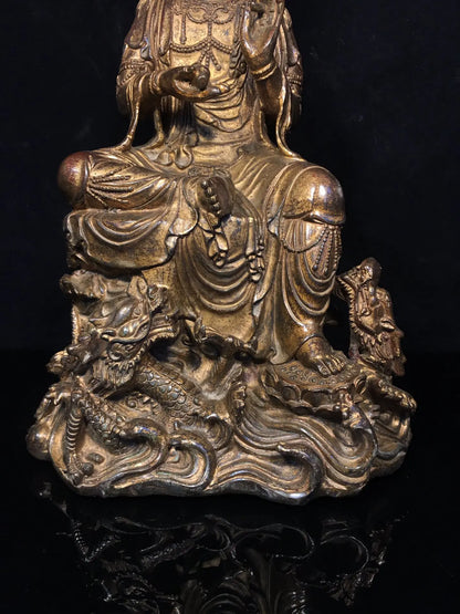 15"Tibetan Temple Collection Old Bronze Cinnabar Mud gold Sitting Dragon Guanyin Bodhisattva Buddha Worship Hall Town house