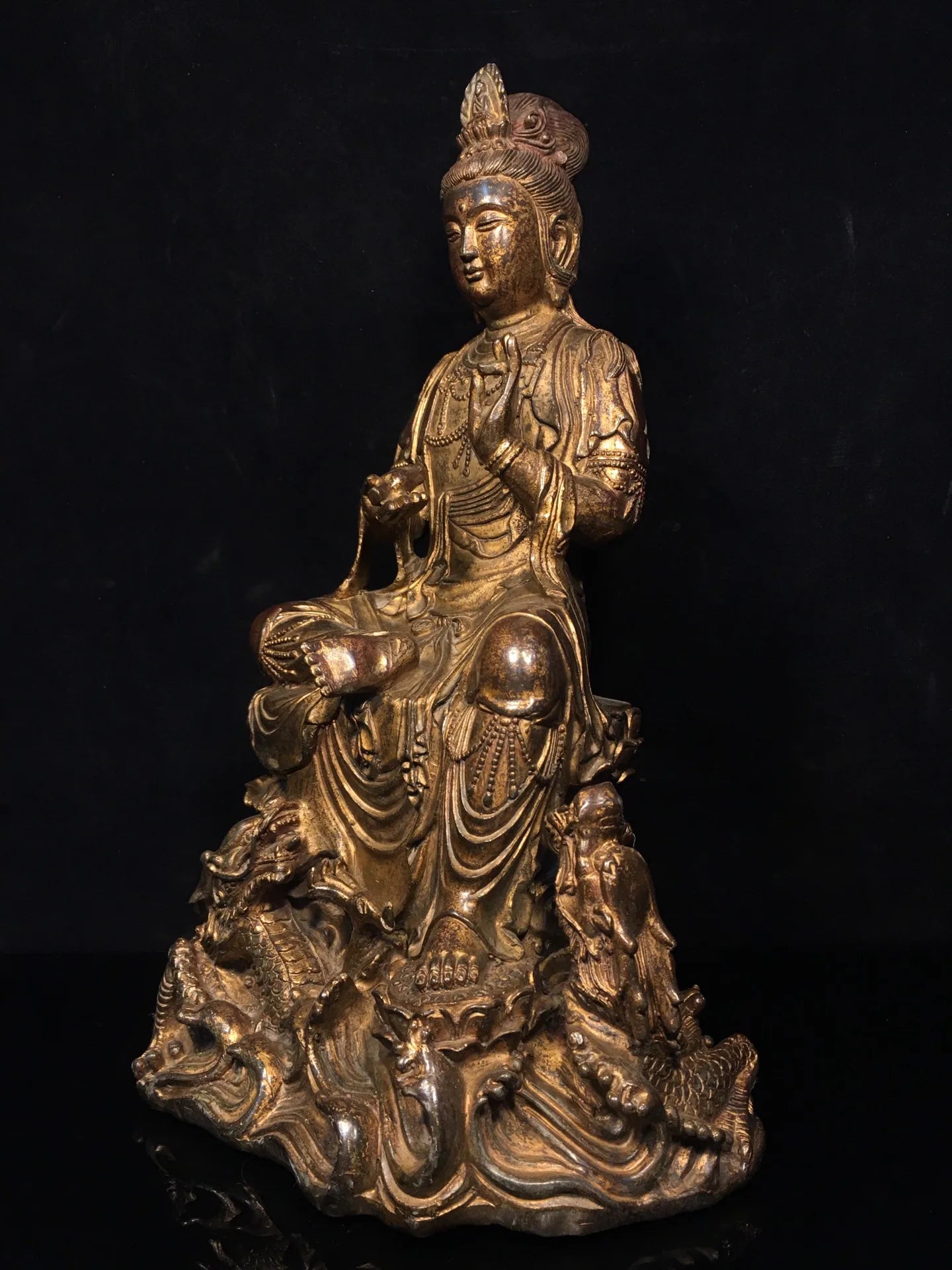 15"Tibetan Temple Collection Old Bronze Cinnabar Mud gold Sitting Dragon Guanyin Bodhisattva Buddha Worship Hall Town house