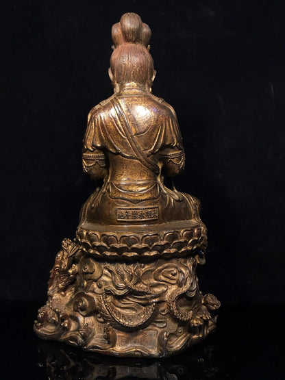 15"Tibetan Temple Collection Old Bronze Cinnabar Mud gold Sitting Dragon Guanyin Bodhisattva Buddha Worship Hall Town house