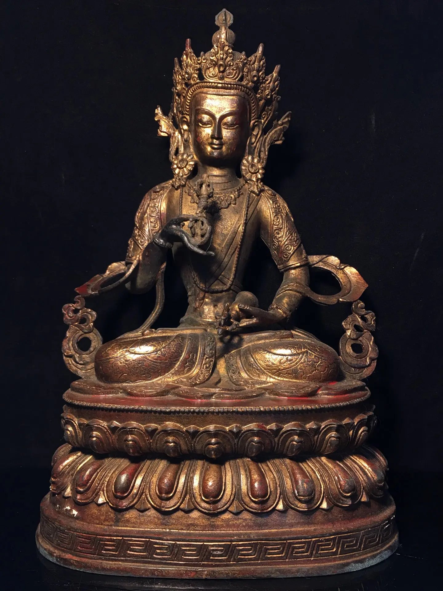 15"Tibetan Temple Collection Old Bronze Cinnabar Mud gold Vajrasattva Buddha Lotus Platform Worship Hall Town House Exorcism