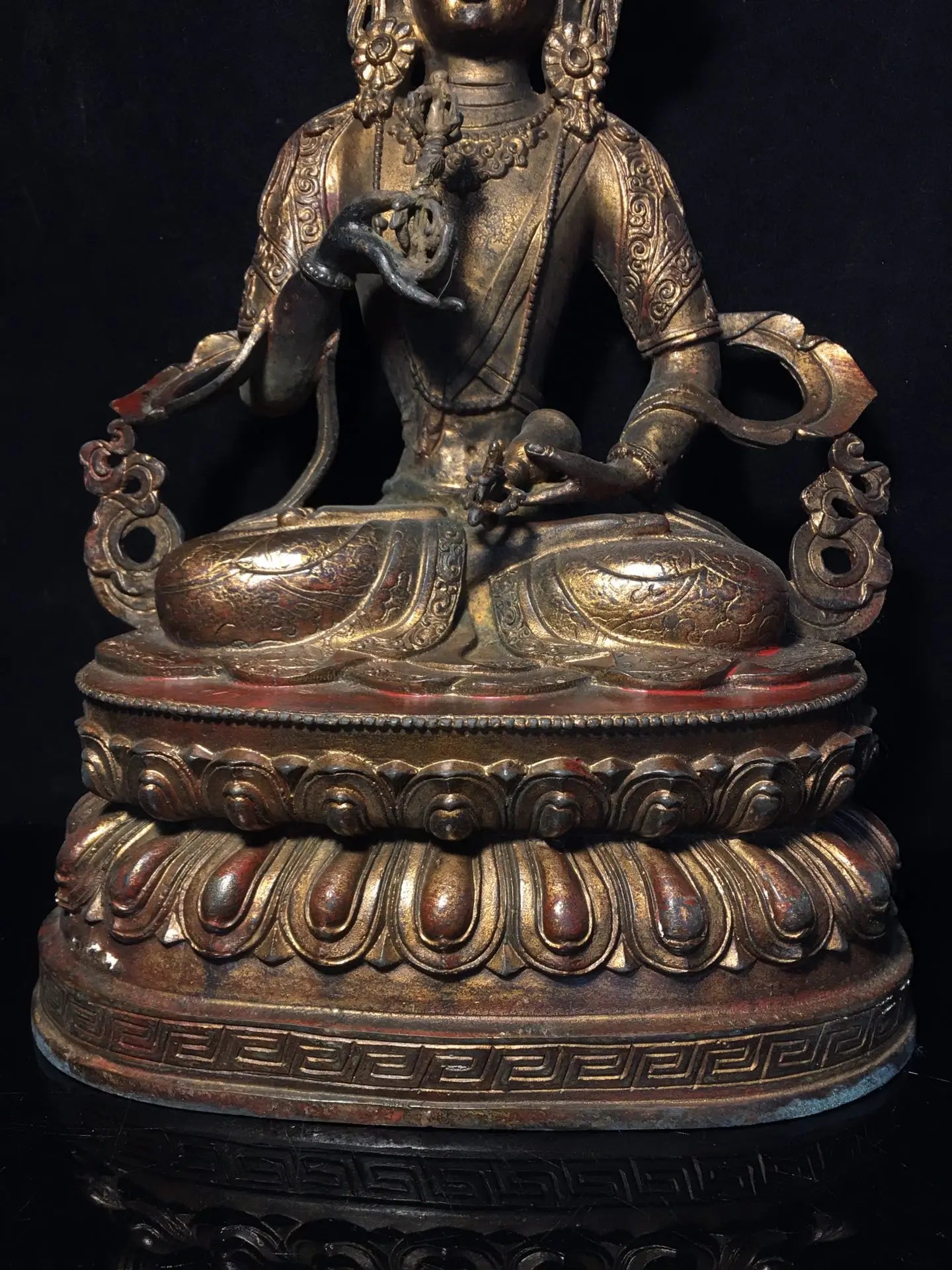 15"Tibetan Temple Collection Old Bronze Cinnabar Mud gold Vajrasattva Buddha Lotus Platform Worship Hall Town House Exorcism