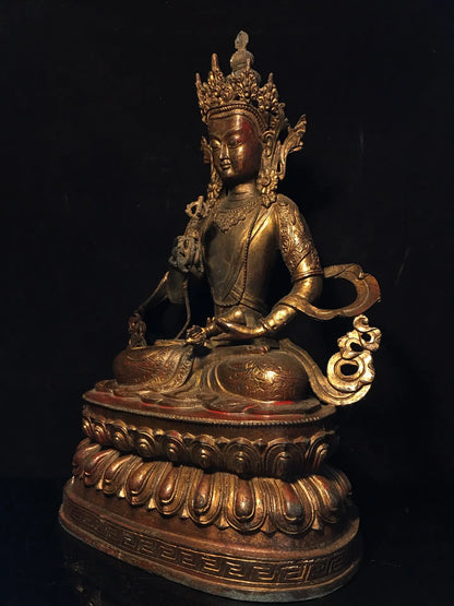 15"Tibetan Temple Collection Old Bronze Cinnabar Mud gold Vajrasattva Buddha Lotus Platform Worship Hall Town House Exorcism