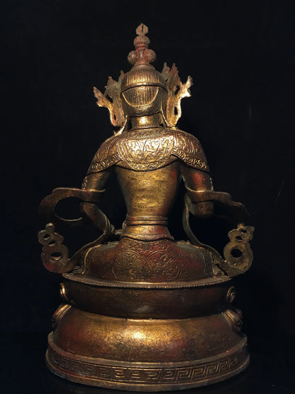 15"Tibetan Temple Collection Old Bronze Cinnabar Mud gold Vajrasattva Buddha Lotus Platform Worship Hall Town House Exorcism