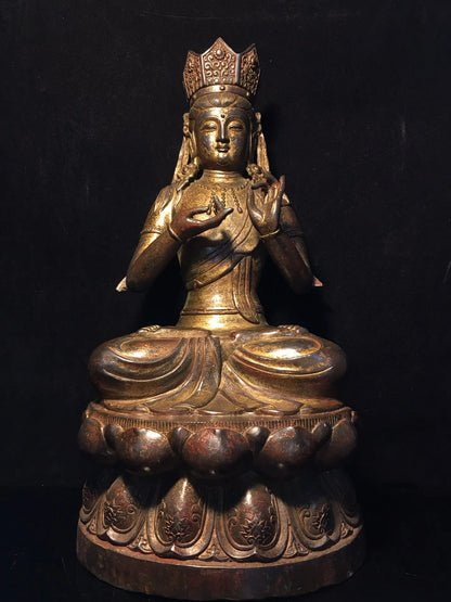 15"Tibetan Temple Collection Old Bronze Cinnabar Muddy gold Guanyin Bodhisattva Buddha Lotus Platform Worship Hall Town House