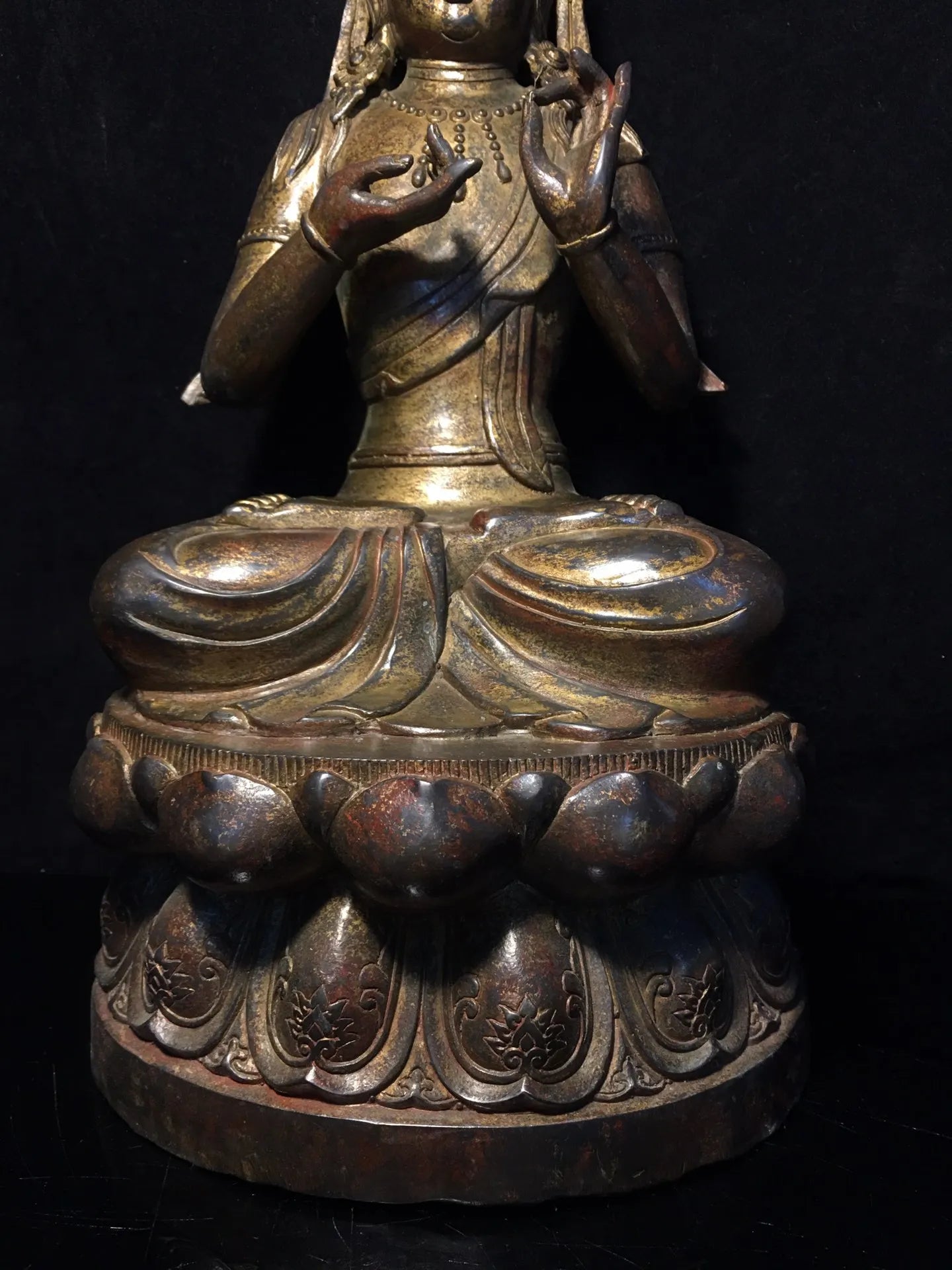 15"Tibetan Temple Collection Old Bronze Cinnabar Muddy gold Guanyin Bodhisattva Buddha Lotus Platform Worship Hall Town House
