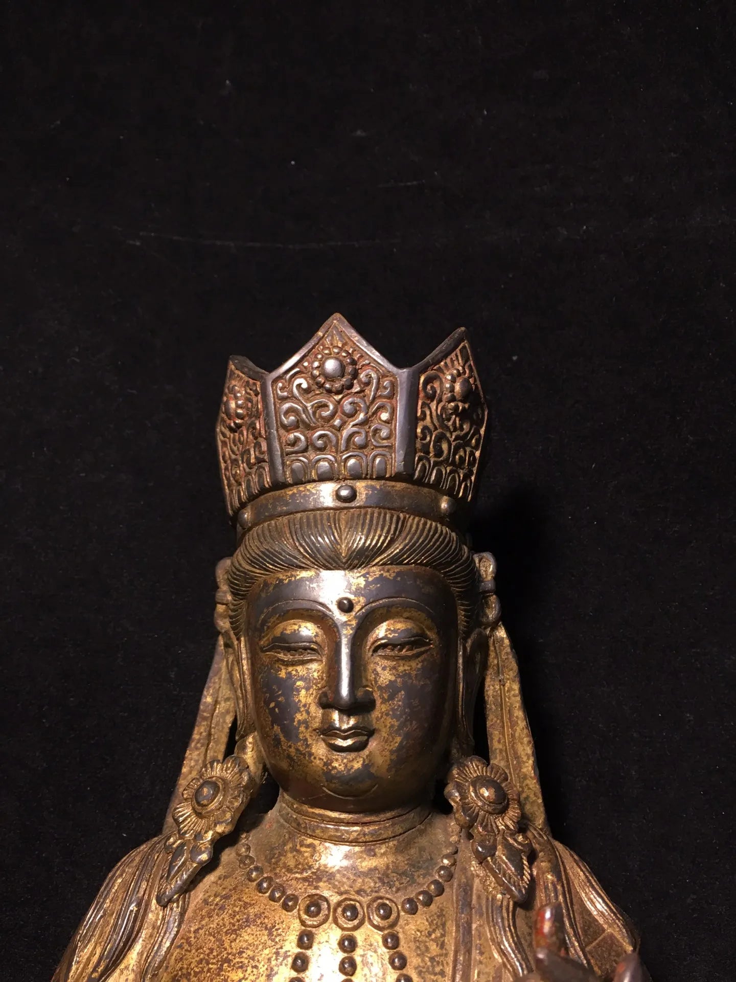 15"Tibetan Temple Collection Old Bronze Cinnabar Muddy gold Guanyin Bodhisattva Buddha Lotus Platform Worship Hall Town House