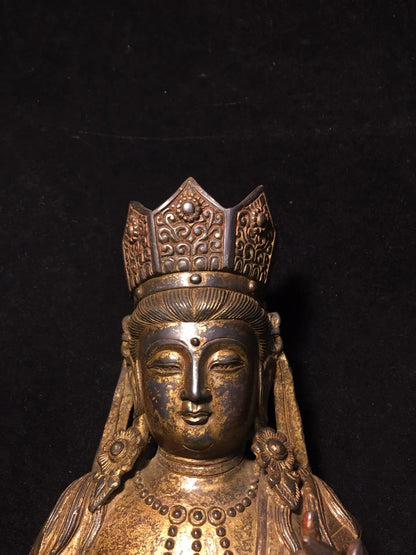 15"Tibetan Temple Collection Old Bronze Cinnabar Muddy gold Guanyin Bodhisattva Buddha Lotus Platform Worship Hall Town House