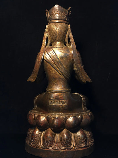 15"Tibetan Temple Collection Old Bronze Cinnabar Muddy gold Guanyin Bodhisattva Buddha Lotus Platform Worship Hall Town House
