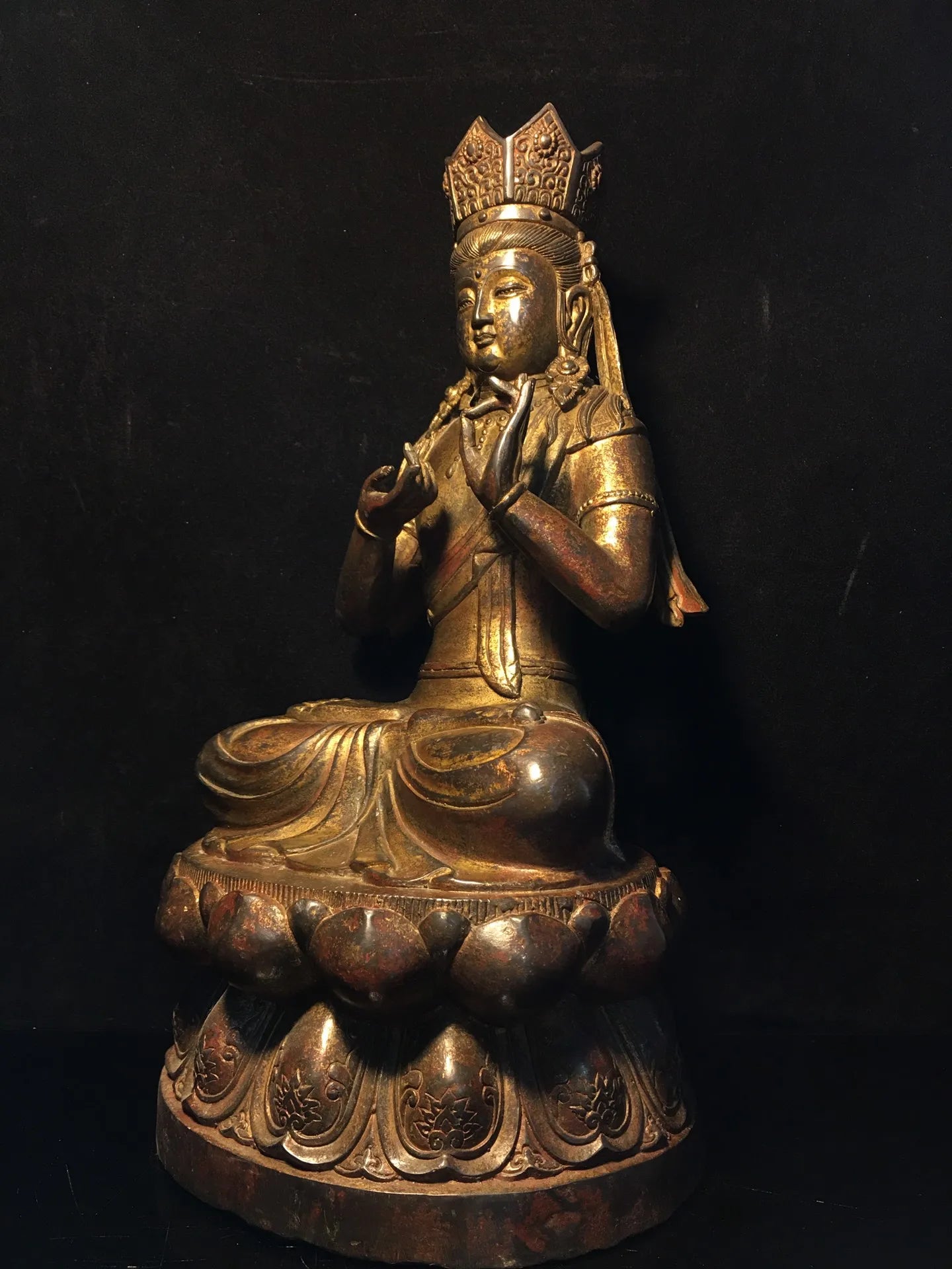 15"Tibetan Temple Collection Old Bronze Cinnabar Muddy gold Guanyin Bodhisattva Buddha Lotus Platform Worship Hall Town House