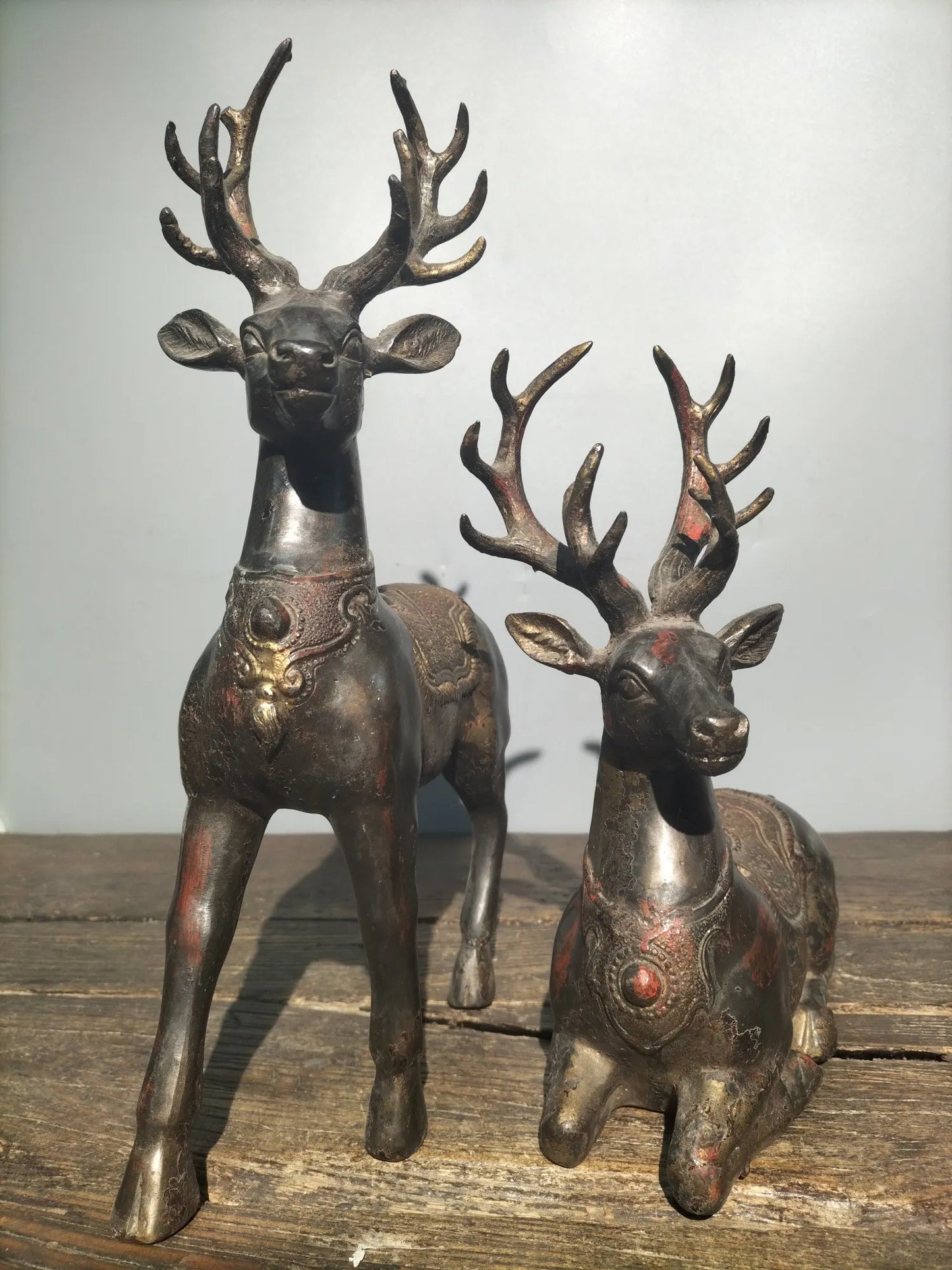 15"Tibetan Temple Collection Old Bronze Cinnabar Sika Deer Statue a pair Gather fortune make a fortune office ornament