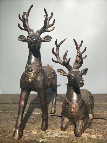 15"Tibetan Temple Collection Old Bronze Cinnabar Sika Deer Statue a pair Gather fortune make a fortune office ornament