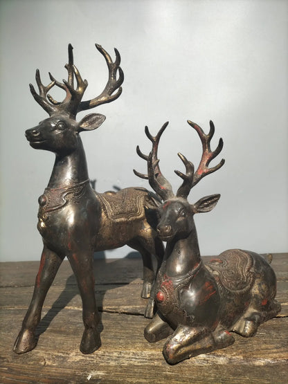 15"Tibetan Temple Collection Old Bronze Cinnabar Sika Deer Statue a pair Gather fortune make a fortune office ornament