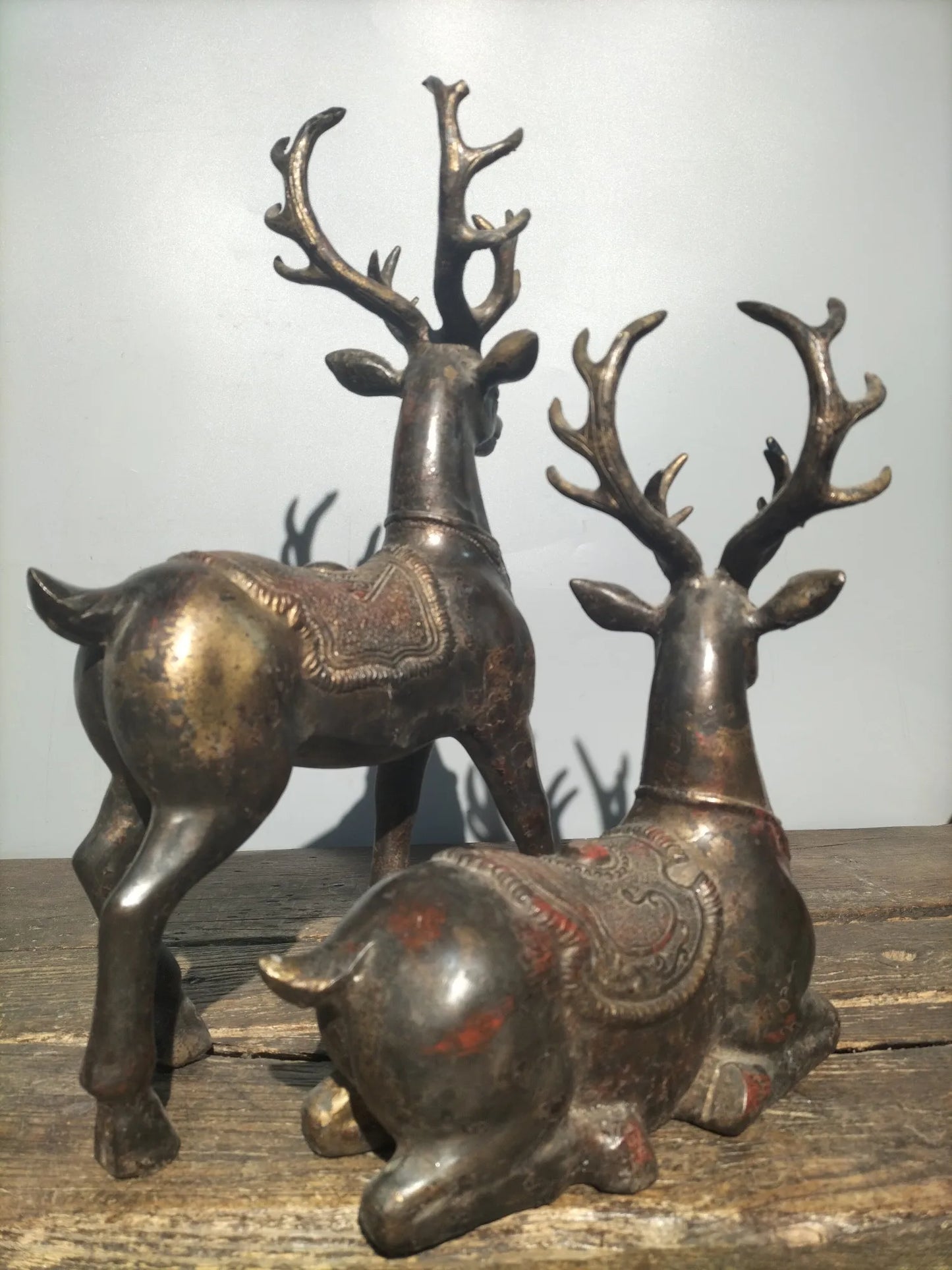 15"Tibetan Temple Collection Old Bronze Cinnabar Sika Deer Statue a pair Gather fortune make a fortune office ornament
