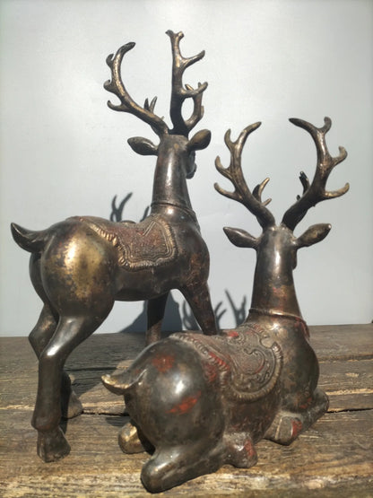 15"Tibetan Temple Collection Old Bronze Cinnabar Sika Deer Statue a pair Gather fortune make a fortune office ornament