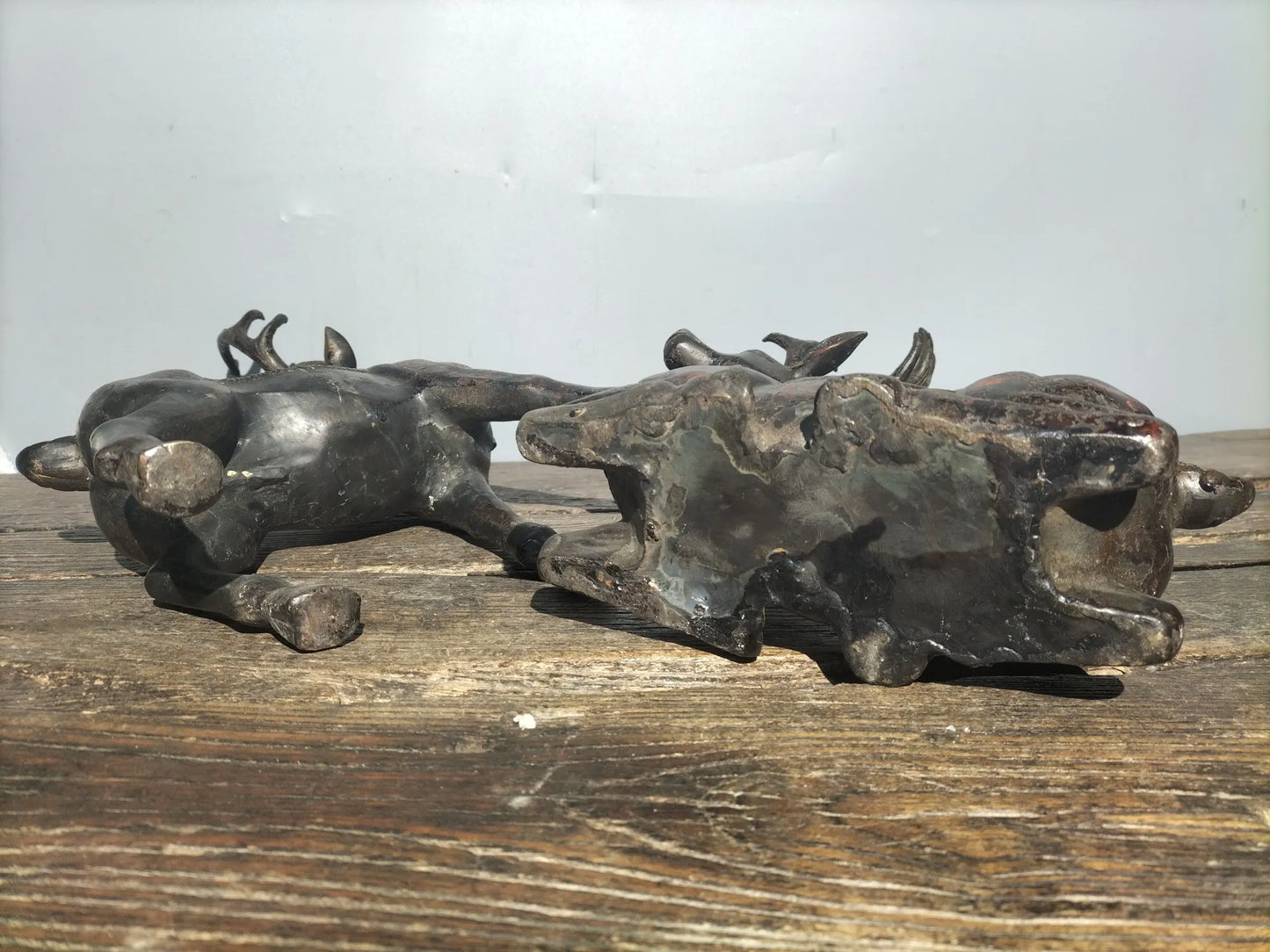 15"Tibetan Temple Collection Old Bronze Cinnabar Sika Deer Statue a pair Gather fortune make a fortune office ornament