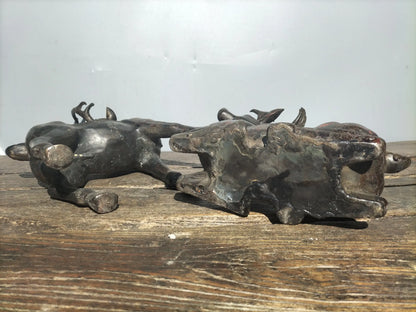 15"Tibetan Temple Collection Old Bronze Cinnabar Sika Deer Statue a pair Gather fortune make a fortune office ornament