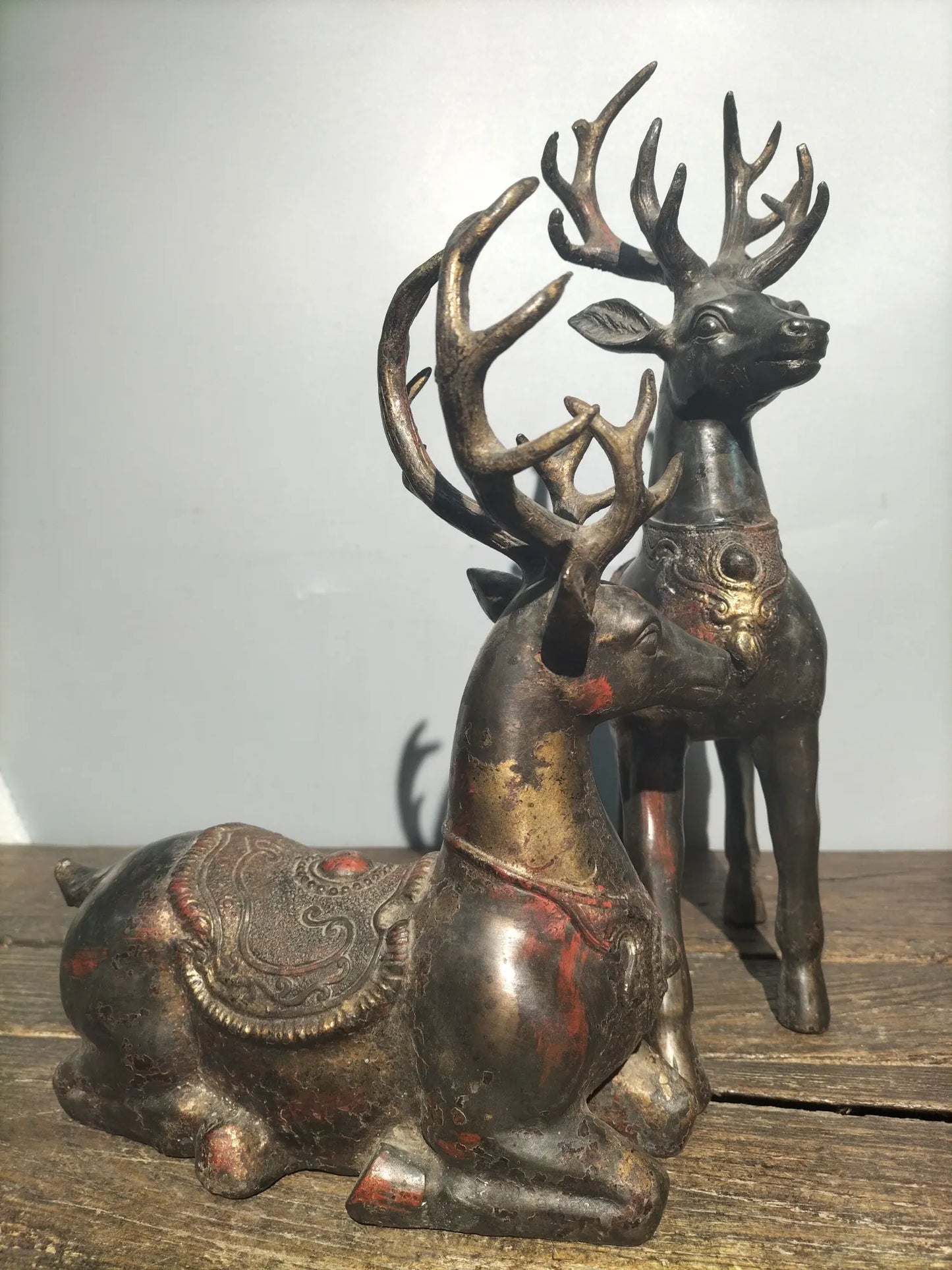 15"Tibetan Temple Collection Old Bronze Cinnabar Sika Deer Statue a pair Gather fortune make a fortune office ornament