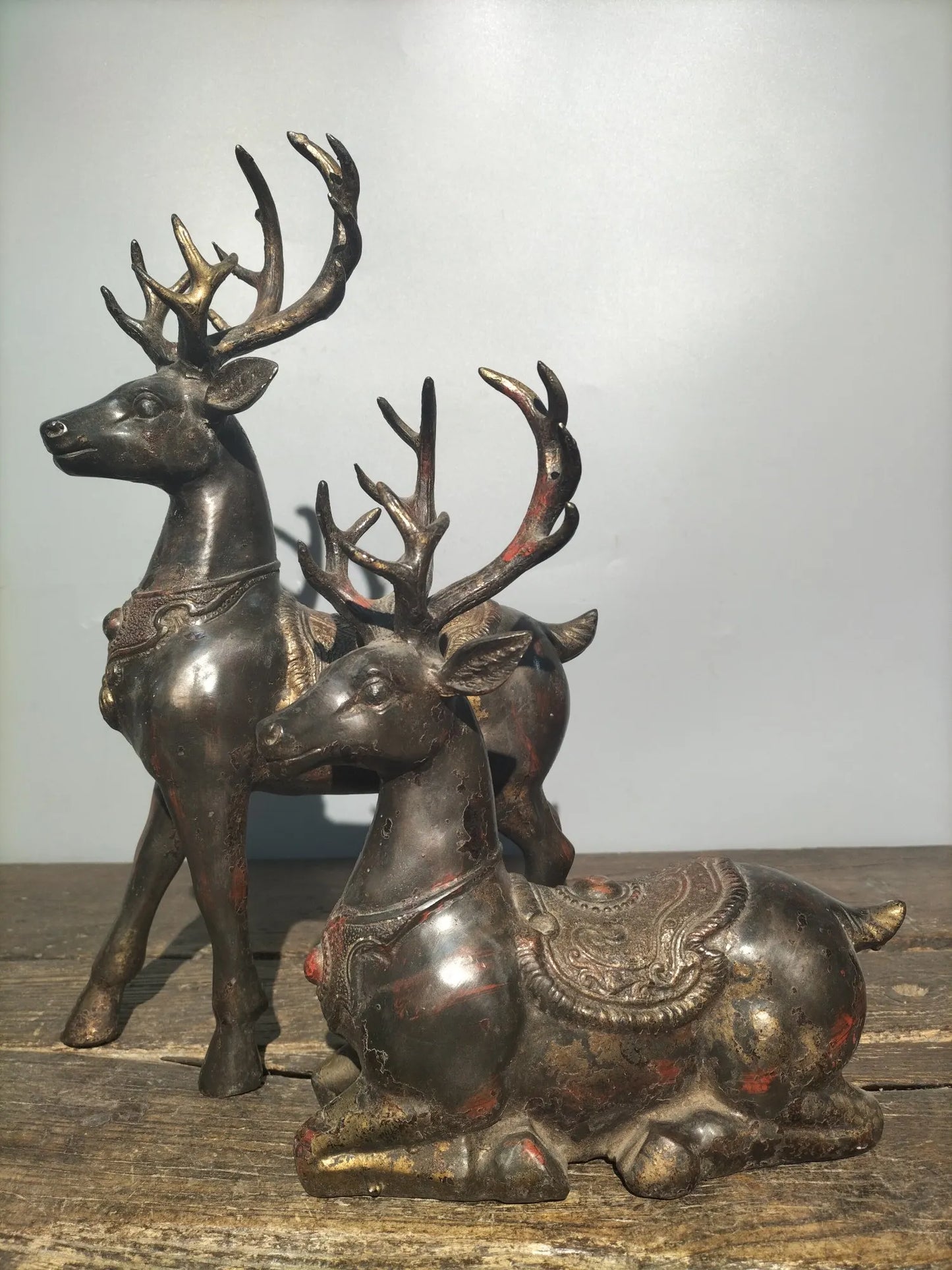 15"Tibetan Temple Collection Old Bronze Cinnabar Sika Deer Statue a pair Gather fortune make a fortune office ornament