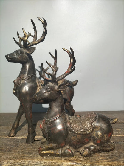 15"Tibetan Temple Collection Old Bronze Cinnabar Sika Deer Statue a pair Gather fortune make a fortune office ornament