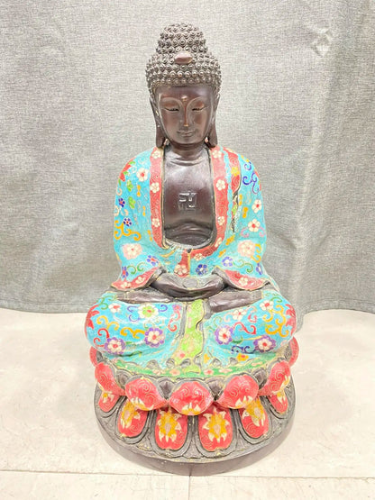 15"Tibetan Temple Collection Old Bronze Cloisonne Amitabha Da Ri Tathagata Buddha Double Lotus Platform Worship Hall Town house