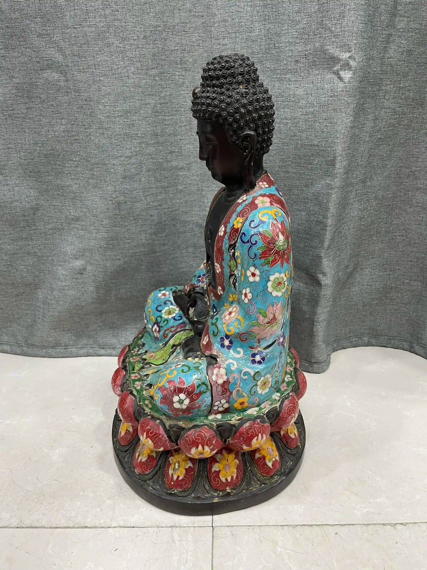 15"Tibetan Temple Collection Old Bronze Cloisonne Amitabha Da Ri Tathagata Buddha Double Lotus Platform Worship Hall Town house