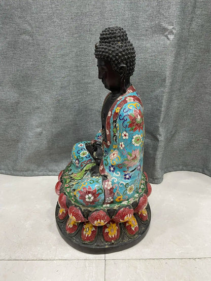 15"Tibetan Temple Collection Old Bronze Cloisonne Amitabha Da Ri Tathagata Buddha Double Lotus Platform Worship Hall Town house