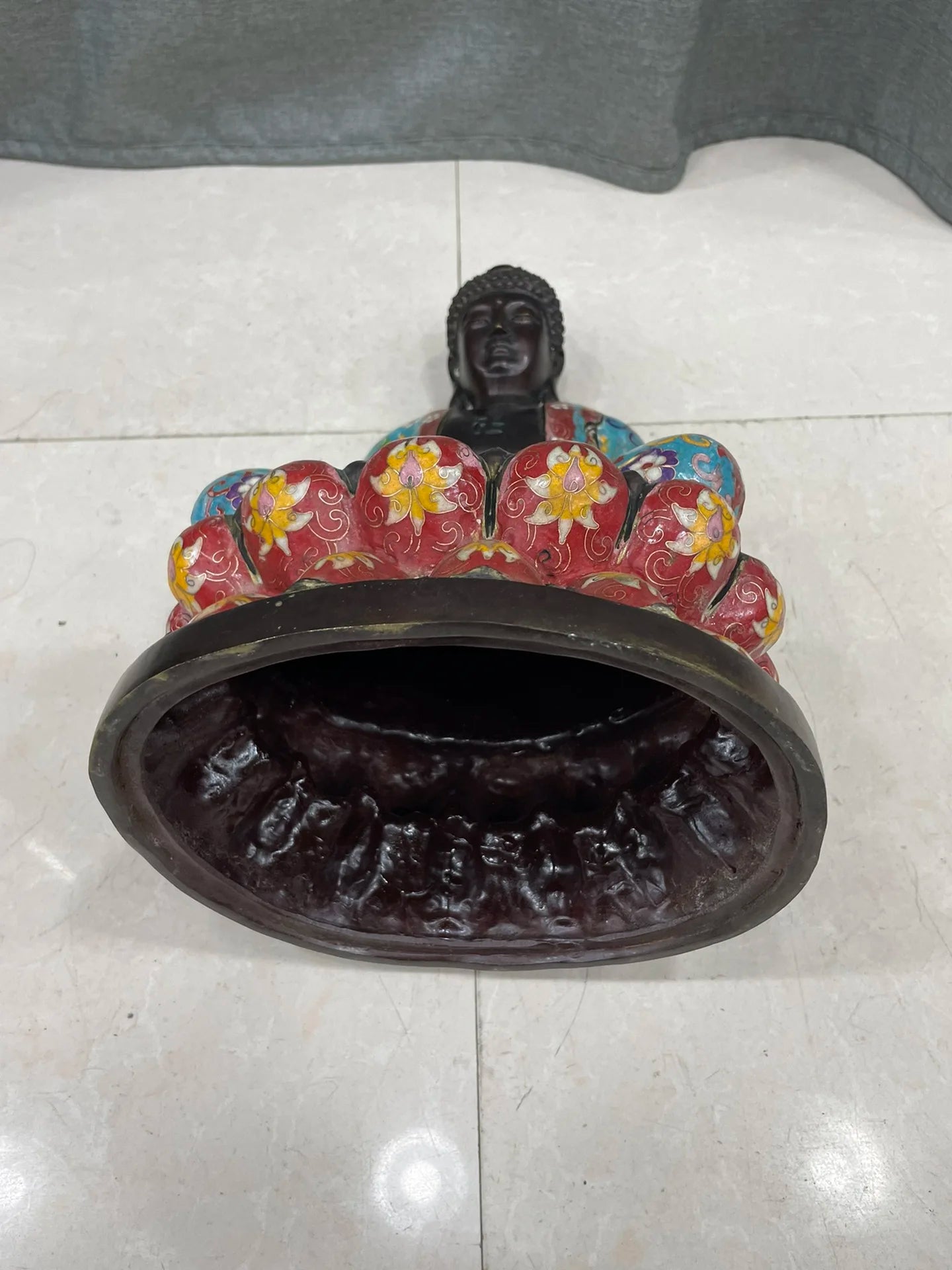 15"Tibetan Temple Collection Old Bronze Cloisonne Amitabha Da Ri Tathagata Buddha Double Lotus Platform Worship Hall Town house