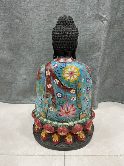 15"Tibetan Temple Collection Old Bronze Cloisonne Amitabha Da Ri Tathagata Buddha Double Lotus Platform Worship Hall Town house