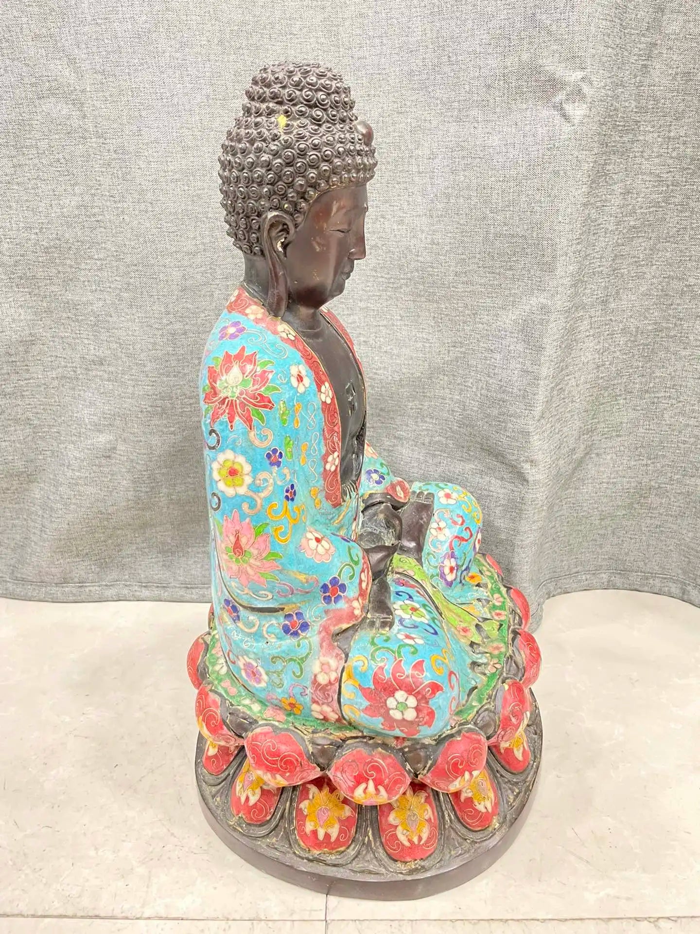 15"Tibetan Temple Collection Old Bronze Cloisonne Amitabha Da Ri Tathagata Buddha Double Lotus Platform Worship Hall Town house