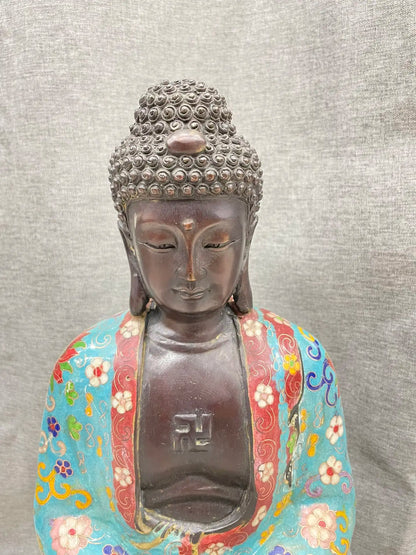 15"Tibetan Temple Collection Old Bronze Cloisonne Amitabha Da Ri Tathagata Buddha Double Lotus Platform Worship Hall Town house