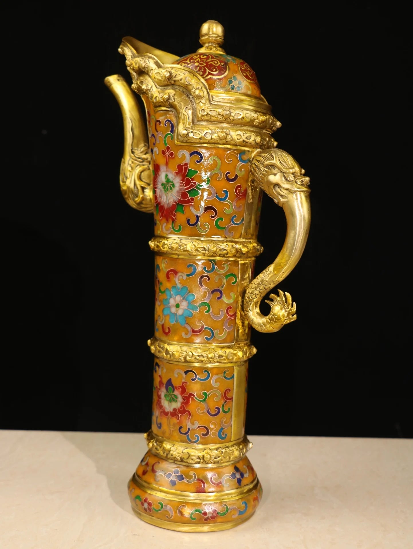 15"Tibetan Temple Collection Old Bronze Cloisonne Dragon Texture Dragon handle Kettle Flagon hidden pot Ornament Town House
