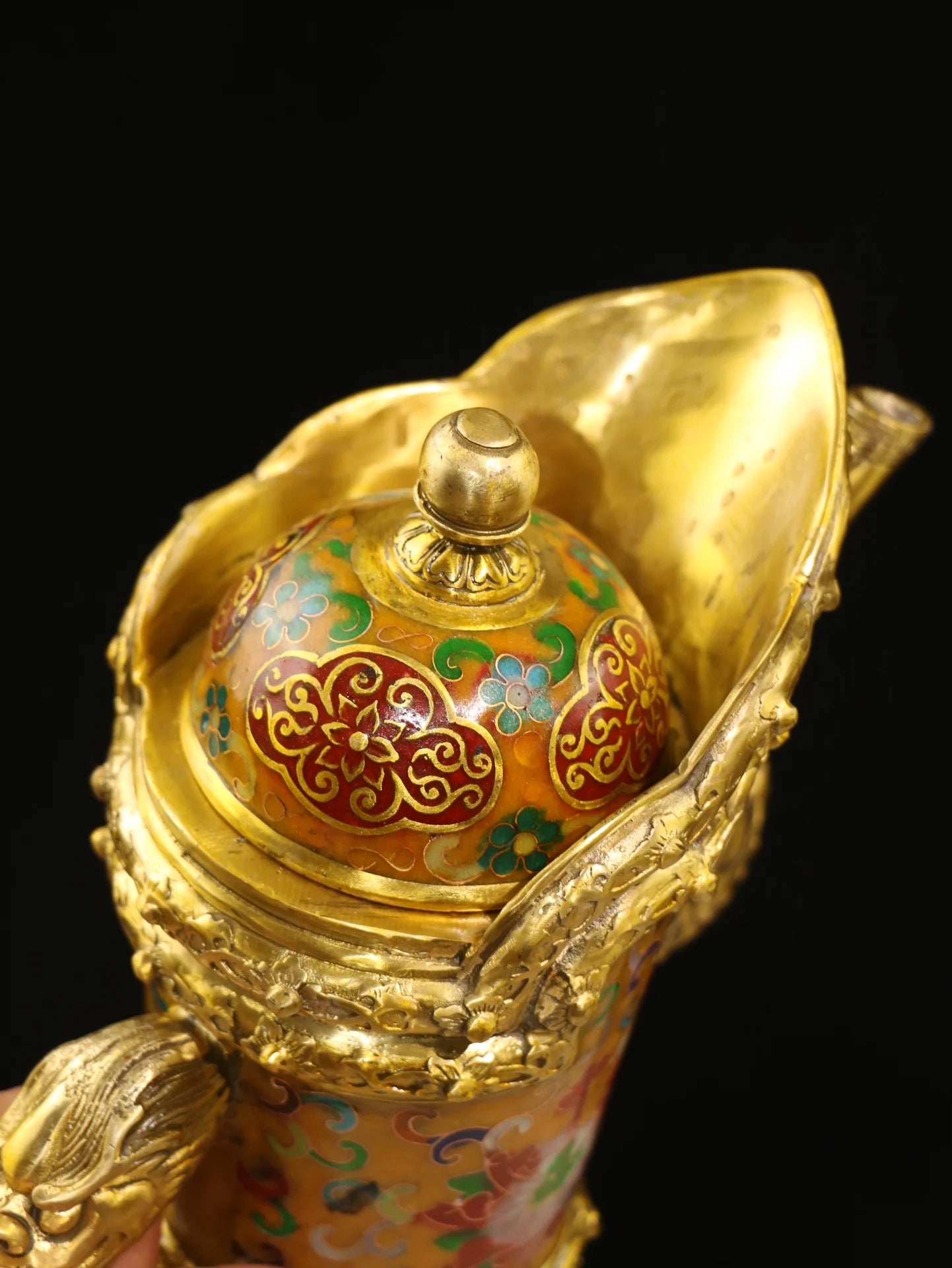 15"Tibetan Temple Collection Old Bronze Cloisonne Dragon Texture Dragon handle Kettle Flagon hidden pot Ornament Town House