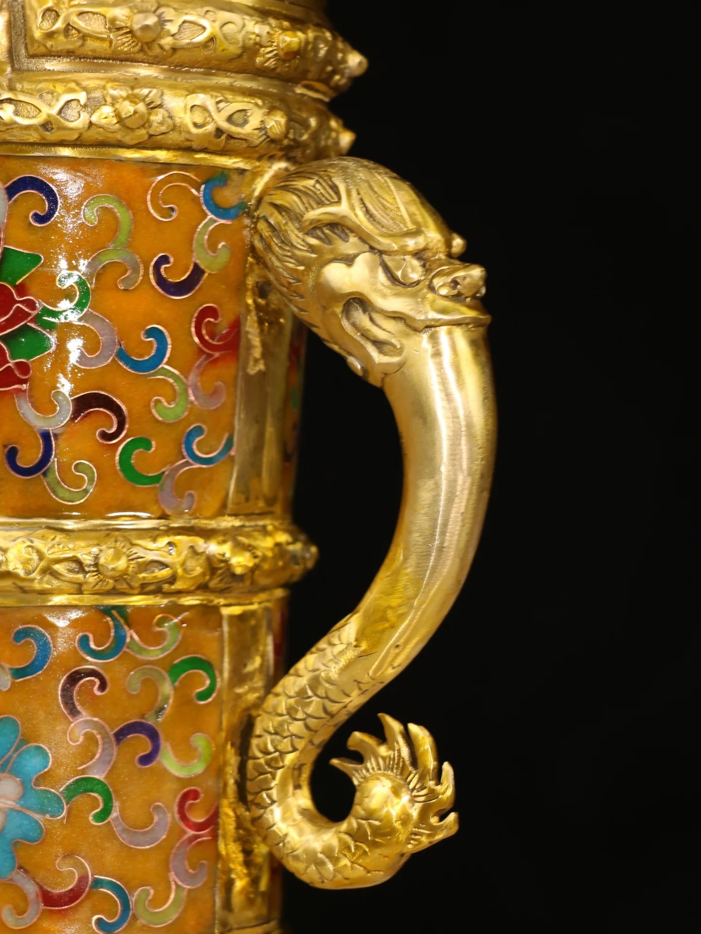 15"Tibetan Temple Collection Old Bronze Cloisonne Dragon Texture Dragon handle Kettle Flagon hidden pot Ornament Town House