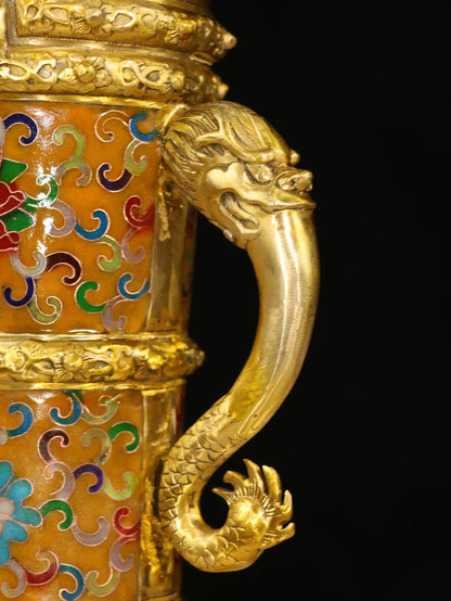 15"Tibetan Temple Collection Old Bronze Cloisonne Dragon Texture Dragon handle Kettle Flagon hidden pot Ornament Town House