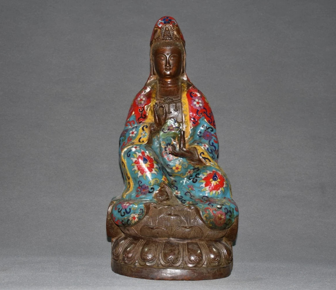 15"Tibetan Temple Collection Old Bronze Cloisonne Enamel Clean Bottle Guanyin Avalokitesvara Buddha lotus platform Town house