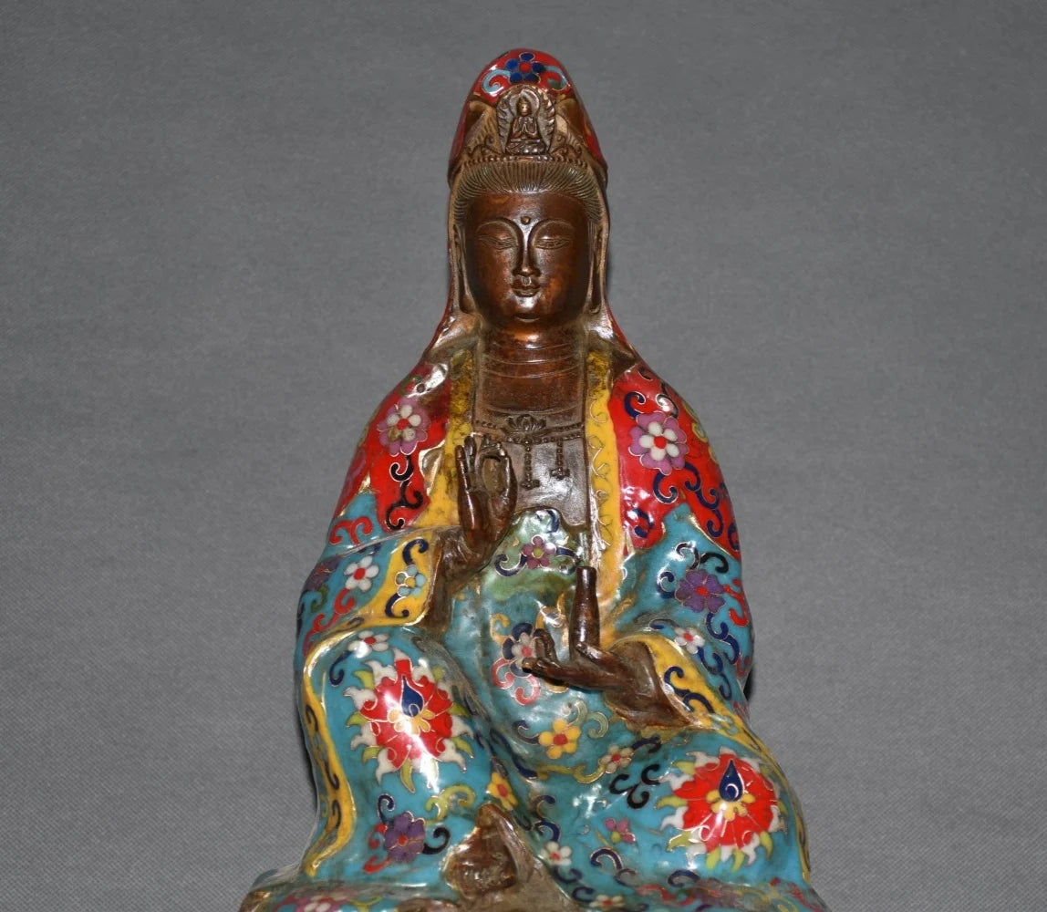 15"Tibetan Temple Collection Old Bronze Cloisonne Enamel Clean Bottle Guanyin Avalokitesvara Buddha lotus platform Town house