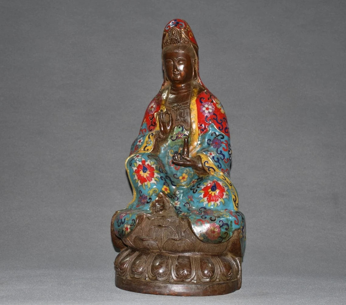 15"Tibetan Temple Collection Old Bronze Cloisonne Enamel Clean Bottle Guanyin Avalokitesvara Buddha lotus platform Town house
