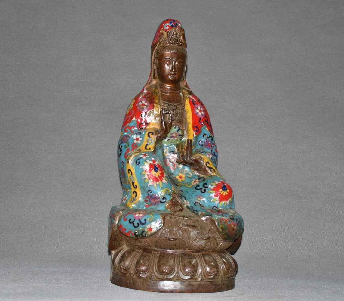 15"Tibetan Temple Collection Old Bronze Cloisonne Enamel Clean Bottle Guanyin Avalokitesvara Buddha lotus platform Town house