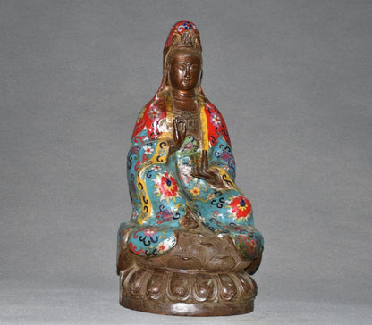 15"Tibetan Temple Collection Old Bronze Cloisonne Enamel Clean Bottle Guanyin Avalokitesvara Buddha lotus platform Town house