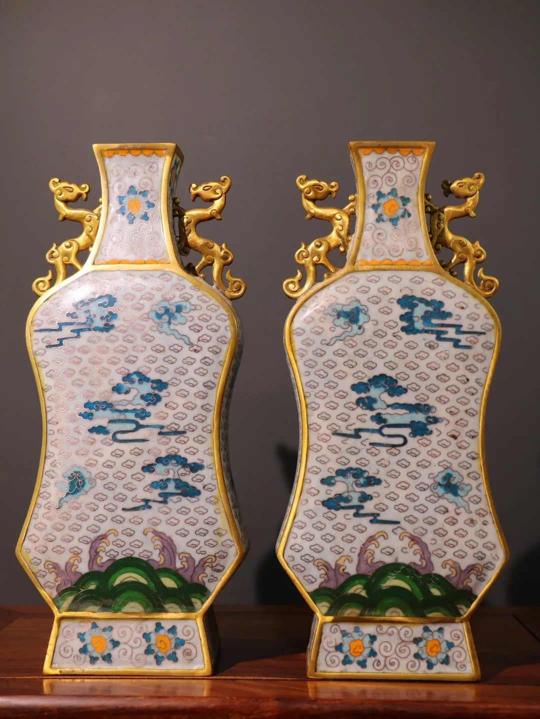 15"Tibetan Temple Collection Old Bronze Cloisonne Enamel Cloud pattern Dragon Ear Gourd Bottle Vase A pair Ornaments Town house