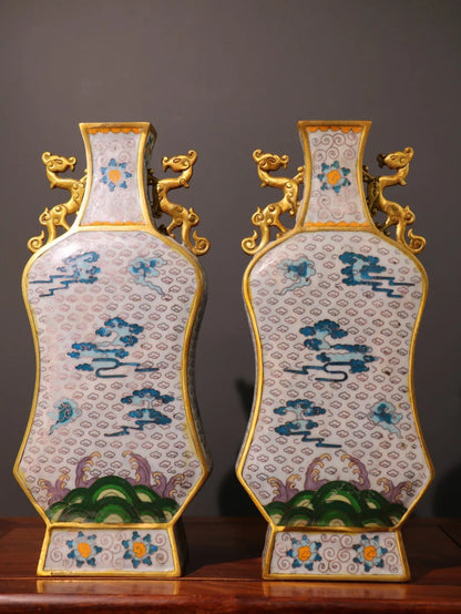 15"Tibetan Temple Collection Old Bronze Cloisonne Enamel Cloud pattern Dragon Ear Gourd Bottle Vase A pair Ornaments Town house