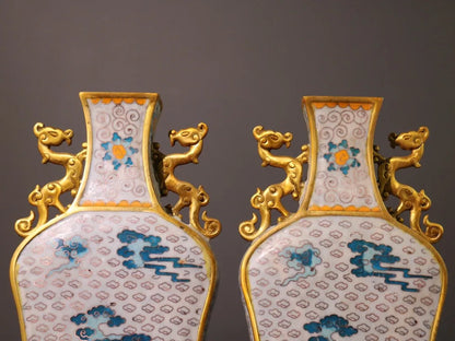 15"Tibetan Temple Collection Old Bronze Cloisonne Enamel Cloud pattern Dragon Ear Gourd Bottle Vase A pair Ornaments Town house