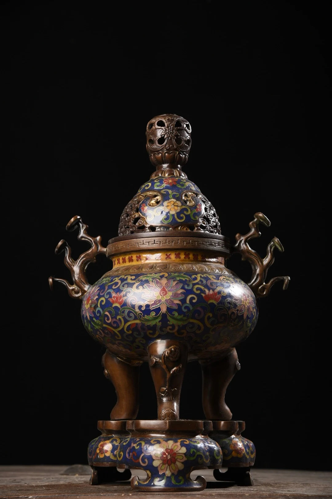 15"Tibetan Temple Collection Old Bronze Cloisonne Enamel Dragon Lotus pattern Incense burner Ornaments Town House Exorcism