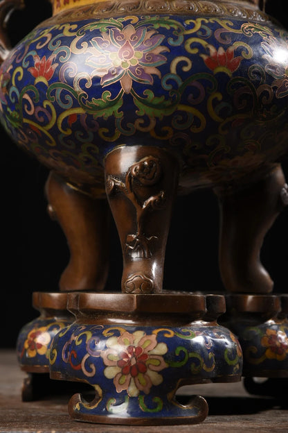 15"Tibetan Temple Collection Old Bronze Cloisonne Enamel Dragon Lotus pattern Incense burner Ornaments Town House Exorcism